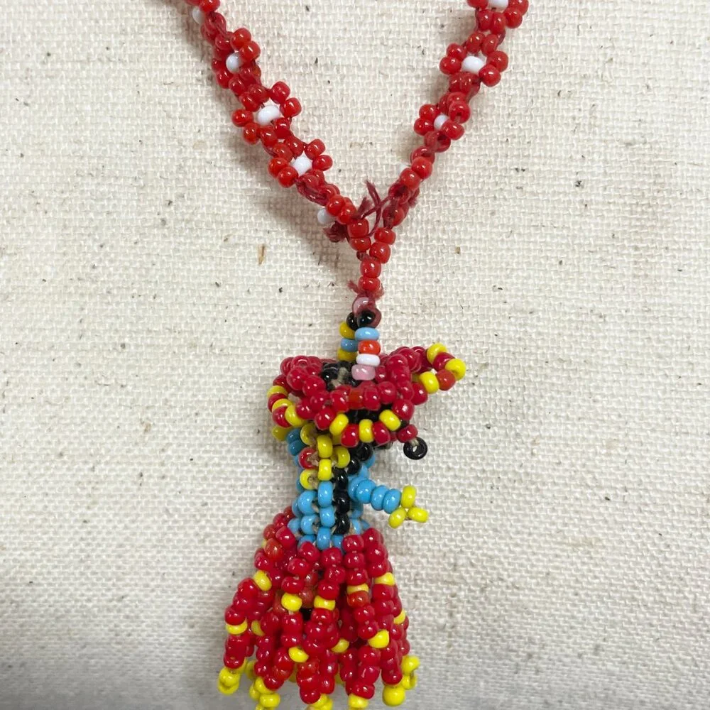 Handmade‎ Beaded Folk Art Necklace | Colorful Boho Woman Pendant | Red Seed Bead